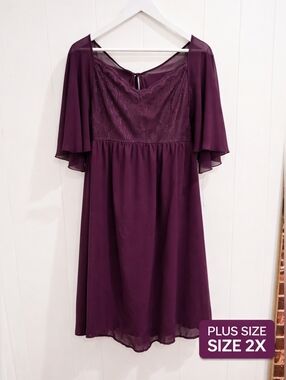 Suzanne Betro 2X Plum Lace Chiffon Dress NWT Plus Size Flutter Sleeve